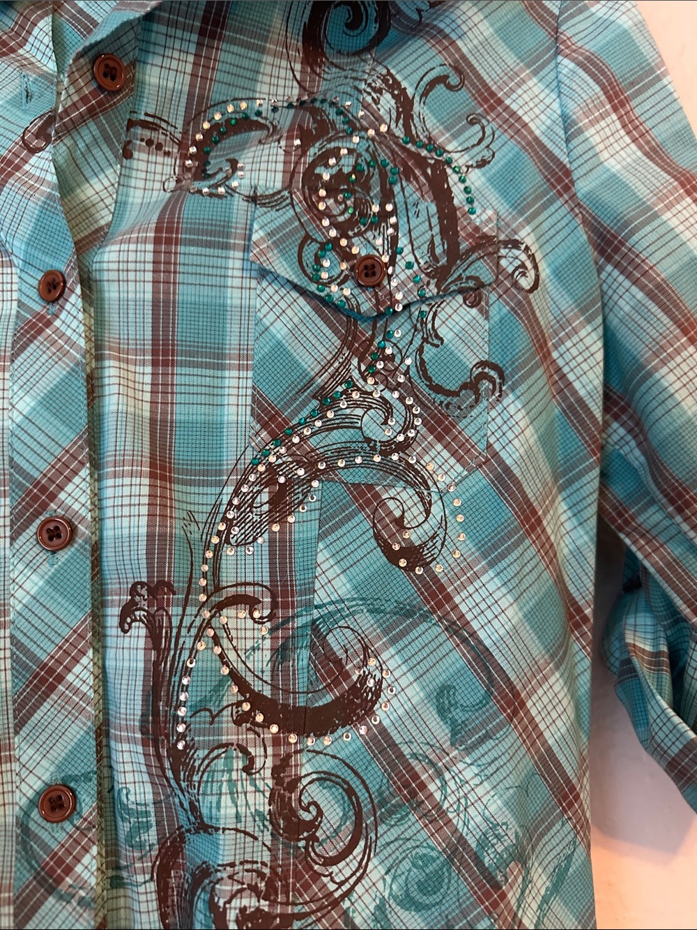 FANG Plaid Button-Up Shirt in Teal and Brown with bedazzle! - Picture 2 of 8
